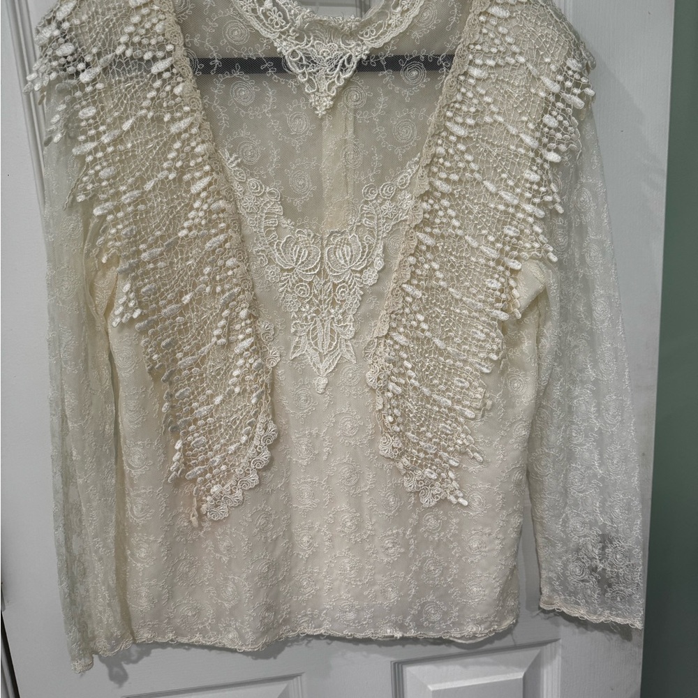 Cream Embellished Ruffled Long Sleeve Blouse